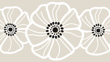 Three white flowers with black centers on beige background floral pattern graphic design element