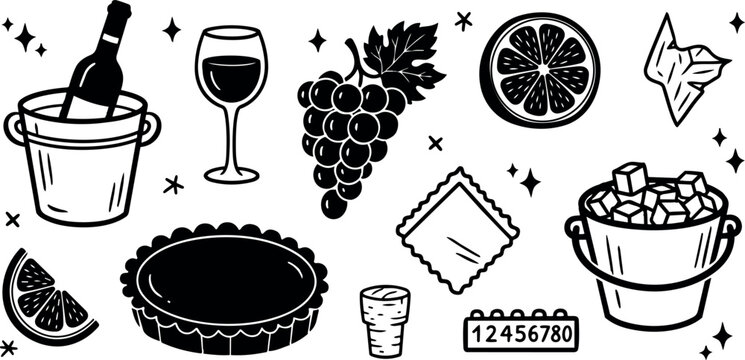 Black and white vector art of wine bottle in ice bucket with grapes glass tart and cork close up iconic line drawing