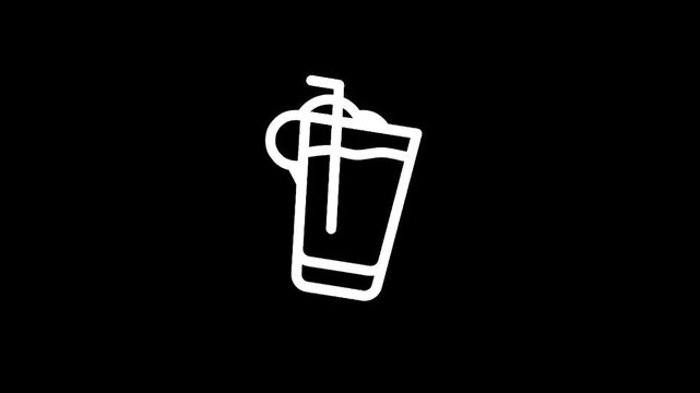 Simple line art icon of a glass of juice with a straw and a muffin on a black background