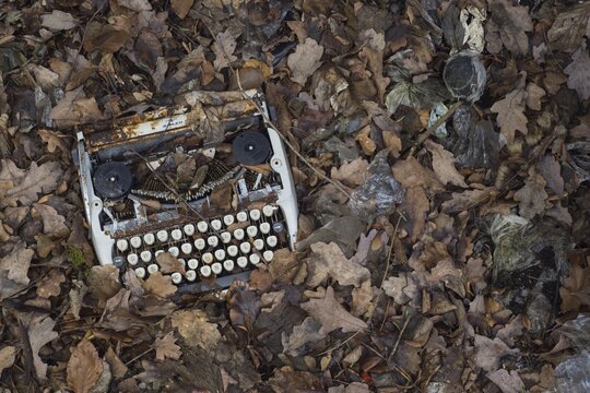 Environmental pollution, broken typewriter on forest floor, Hesse, Germany