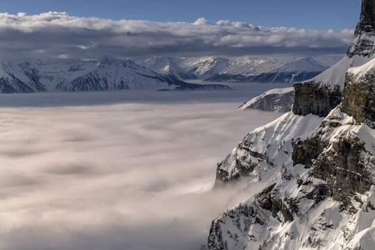 Rhone valley in fog, clouds, blue sky, Gemmi, Valais, Switzerland