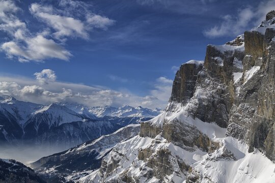 High mountain scenery, snow, blue sky, clouds, Gemmi, Valais, Switzerland