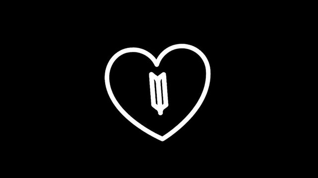 Simple white heart with arrow symbol inside on a black background