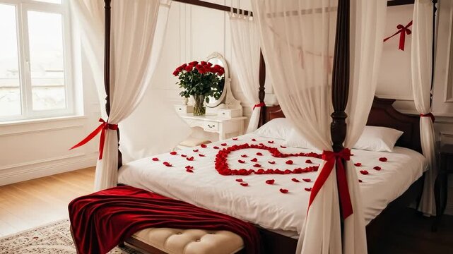 Romantic Bedroom Decorated with Red Roses and Petals for an Anniversary Celebration in a Cozy Setting with Four-Poster Bed and Elegant Touches