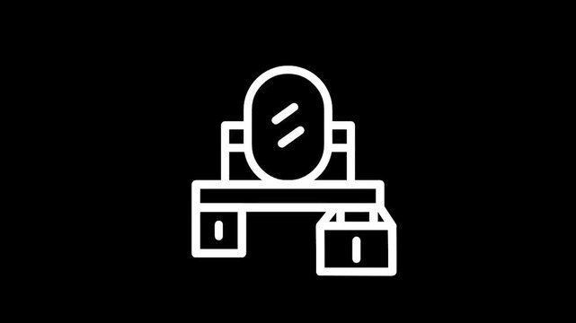Simple white line icon of a vanity table with an oval mirror and drawers on a black background