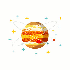 Colorful illustration of planet Jupiter with orbiting moons and scattered stars on white background