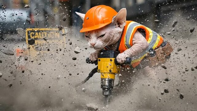 Construction worker kitten in orange safety vest using pneumatic jackhammer