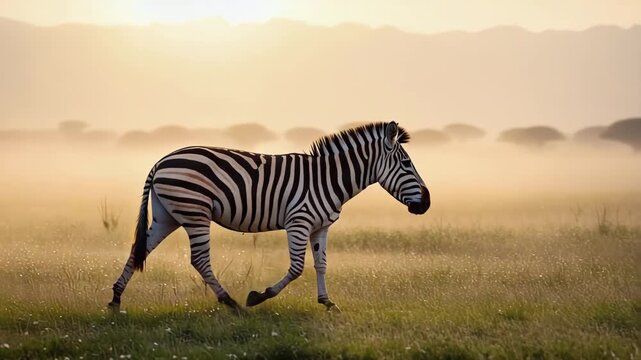 Zebra walking across golden savanna grassland at sunrise with misty background