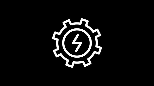 White gear with lightning bolt symbol inside on a black background, representing power and mechanics