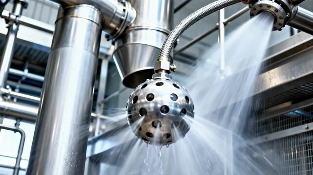 Medium shot of sprayball CIP system rinsing cyclones and ducting of dairy dryers capturing rotating spray balls delivering precise water jets for hygienic cleaning.