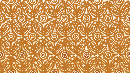 Vibrant orange floral pattern with white sunburst designs and stars on textured background