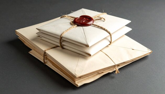 "Stack of vintage letters tied with twine and wax seal on neutral background, nostalgic tone."