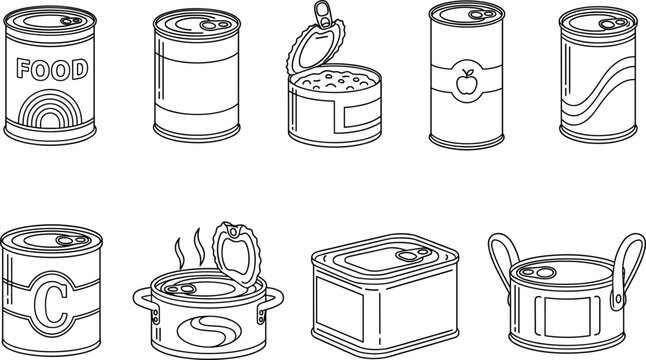 Professional vector icons for canned food preservation metal tins and pantry storage branding for food industry.