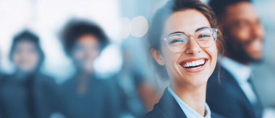 Happy professional woman wearing glasses laughing during office seminar with blurred team colleagues in bright workspace