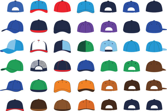Professional vector collection of colorful baseball caps snapbacks and trucker hats for fashion and apparel branding.