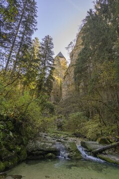 The hermitage and place of pilgrimage San Romedio lies on a mighty rocky spur, Romeno, Trentino, Italy
