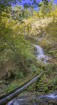 Wooden channel leads water from the Schnuggenbach waterfall into the Schenner Waalweg, Schenna, South Tyrol, Italy