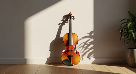 A beautiful classical violin stands on a wooden floor illuminated by warm sunlight.