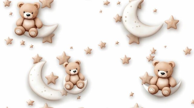 Teddy bears sit on moons and among stars, creating a fun and cozy design for a nursery or baby room setting