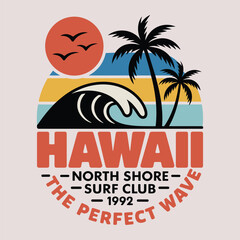 Obraz premium Hawaiian North Shore Surf Club with Palm Trees and Wave