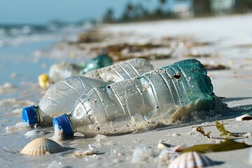 Serene beach scene  plastic bottles and bags in light sand with seashells and seaweed contrast