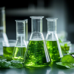 Green algae in beakers and flasks on a laboratory table