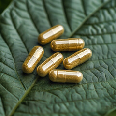 small golden medicine capsules on top of a green leave.