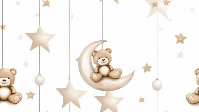 A collection of soft teddy bears hangs from moons and stars, perfect for creating a cozy atmosphere in a child&rsquo;s space