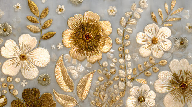 Intricate gold and silver floral embroidery on sheer fabric with elegant metallic thread work and leaf patterns