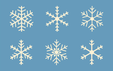 Set of six minimalist snowflake icons in flat style on blue background. Clean winter symbols for Christmas design, UI, app, web, print, greeting card, and seasonal decoration.