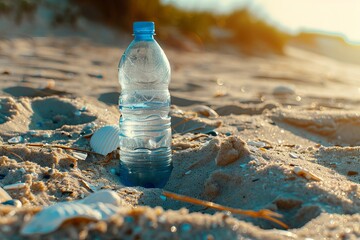 Serene beach scene  plastic bottles and bags amidst soft sand and natural elements