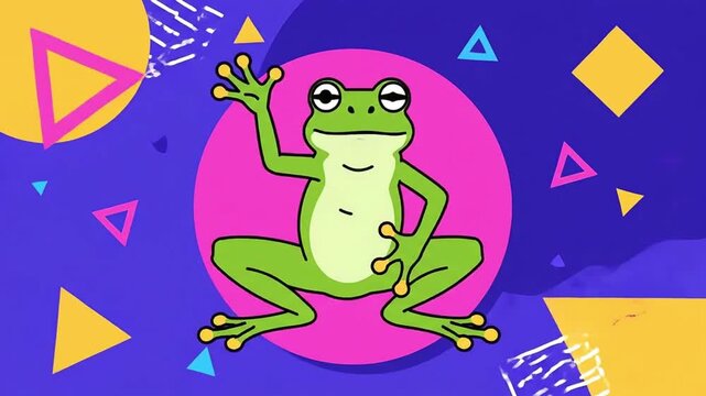 Vibrant Cartoon Frog Illustration with Geometric Shapes on Purple Background.