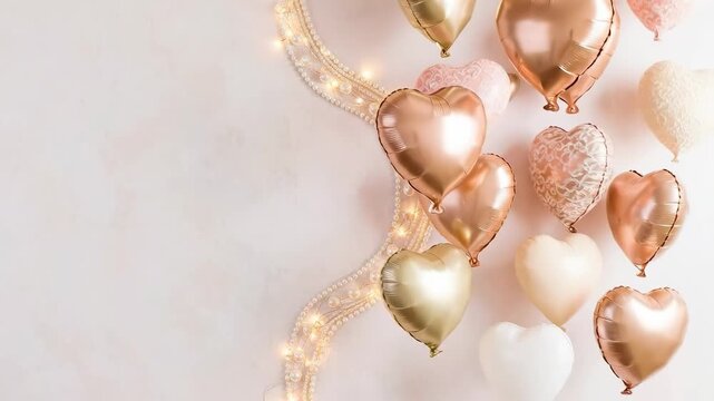 A Festive Arrangement of Colorful Heart-Shaped Balloons Including Gold, Pink, and White Variants on a Soft Background, Perfect for Celebrations and Parties