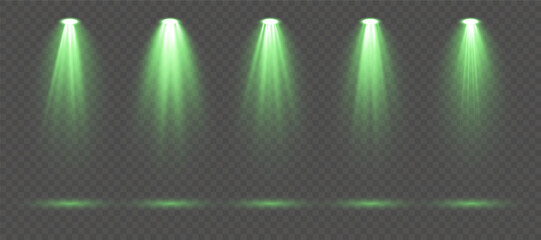 Realistic green spotlight set with intense illumination rays, soft glowing gradients and dramatic beam effects isolated on transparent background perfect for stage scenes, music shows and premium vect © Felicety