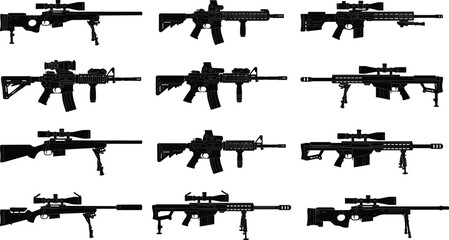 Modern rifle and firearm silhouette collection featuring sniper and assault weapons, black and white illustrations isolated on white background for military, security and design projects.