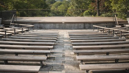 Obraz premium Focused medium shot of an empty amphitheater with tiered seats bathed in soft daylight highlighting details of the stage and natural surroundings out of focus.