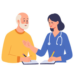 Fototapeta premium Elderly man consulting with female doctor in office setting . Elderly set