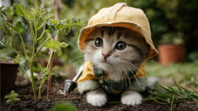 A playful kitten dressed in a bright yellow raincoat explores a garden filled with green plants.
