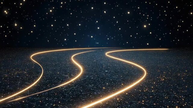 A glowing path winds through a dark space filled with stars, creating a magical look at night. Bright lines guide the way forward