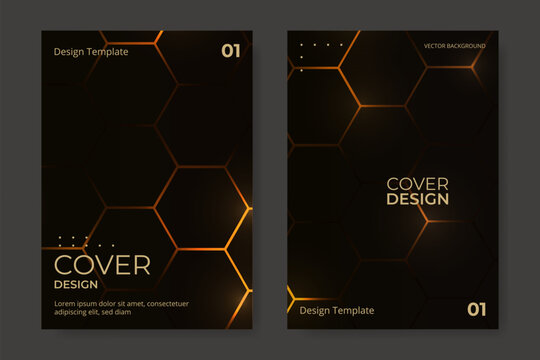 Cover design background vector set. Blue and pink hexagonal brochure. Vertical orientation flyer design poster template. Vector illustration with black and yellow honeycomb