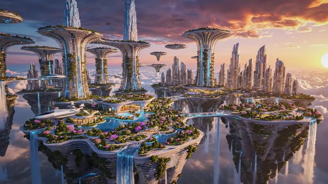 Sweeping aerial view of an enormous sprawling utopian city suspended in the atmosphere during a vibrant golden hour sunset movement, majestic, highaltitude