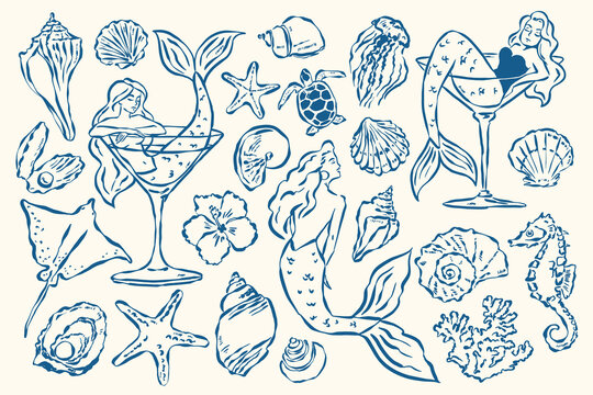 Mermaid and seashell vector illustration set, ink drawing sketch style. Hand drawn ocean art, vintage nautical line art, marine fantasy clipart, sea life vector graphics for print, web, branding.