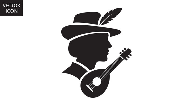 Man wearing hat and holding mandolin in profile view illustration