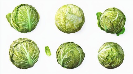 Fototapeta premium Six fresh green cabbages arranged in a grid pattern on a white background.