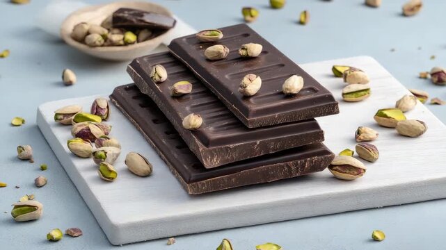 Dark chocolate is arranged on a flat surface with nuts scattered around in a neat layout for a simple display and focus on detail