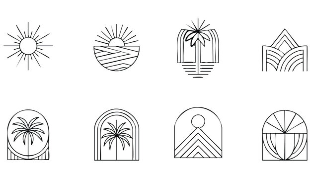 Bohemian linear logos, icons and symbols, sun, palms, landscapes design templates, geometric abstract design elements. Modern minimalist Boho style for social media posts, stories, art ... See More
