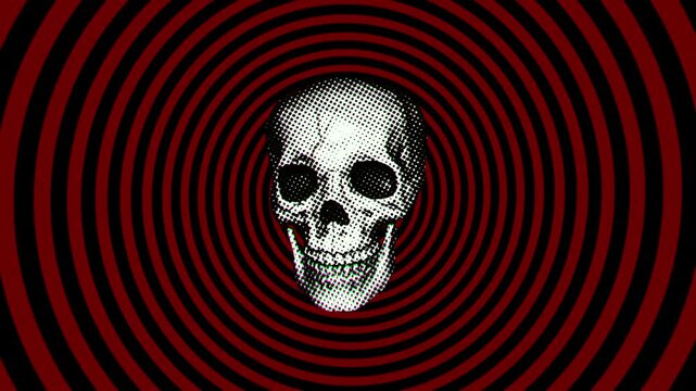 Pop art skull with animated moving jaw against a red and black hypnotic spiral background slow zoom in. Halloween skeleton psychedelic talking.