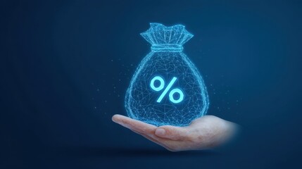 Obraz premium Abstract Digital Hand Holding Money Bag with Percentage Sign, Symbolizing Finance and Investment Concepts