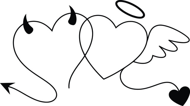Stunning heart symbols intertwined with angel wing and devil horns