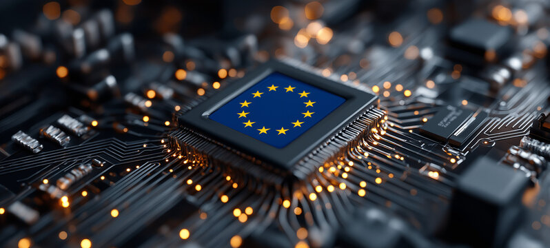 European Union Flag on Advanced Microchip, Symbolizing EU Technology Strategy, Semiconductor Industry, Digital Sovereignty, AI Regulation and Cybersecurity Innovation